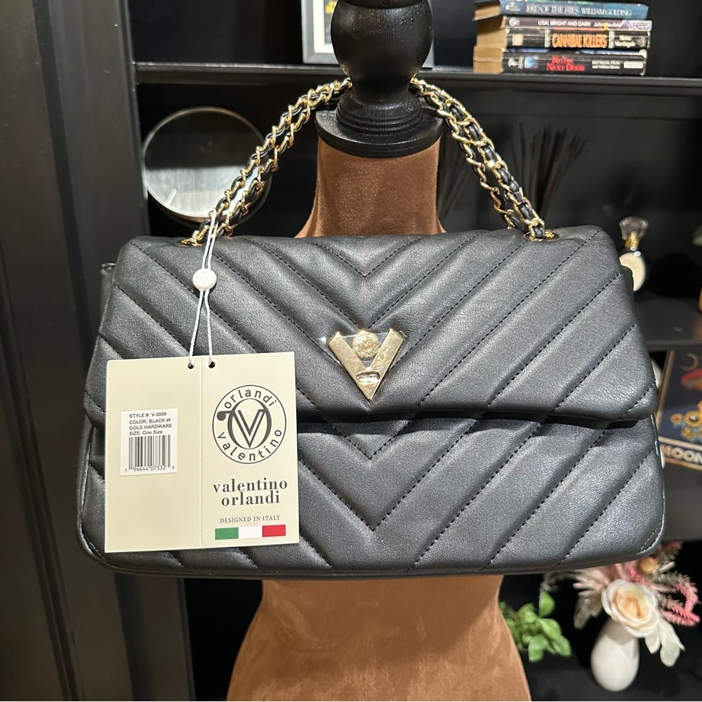 Valentino Orlandi Quilted Shoulder Bag – Black with Gold Hardware – Style V‑3009